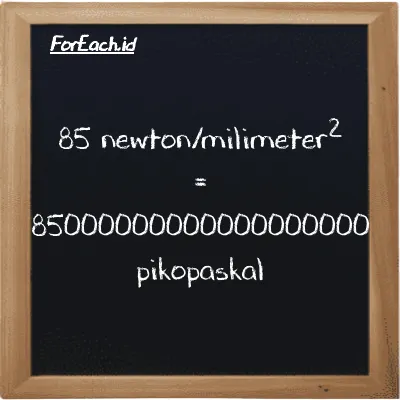 Cara konversi newton/milimeter<sup>2</sup> ke pikopaskal (N/mm<sup>2</sup> ke pPa): 85 newton/milimeter<sup>2</sup> (N/mm<sup>2</sup>) setara dengan 85 dikalikan dengan 1000000000000000000 pikopaskal (pPa)